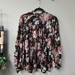 o.p.t. Black Floral Sheer Ruffle High Neck Tiered Babydoll Blouse Top Small